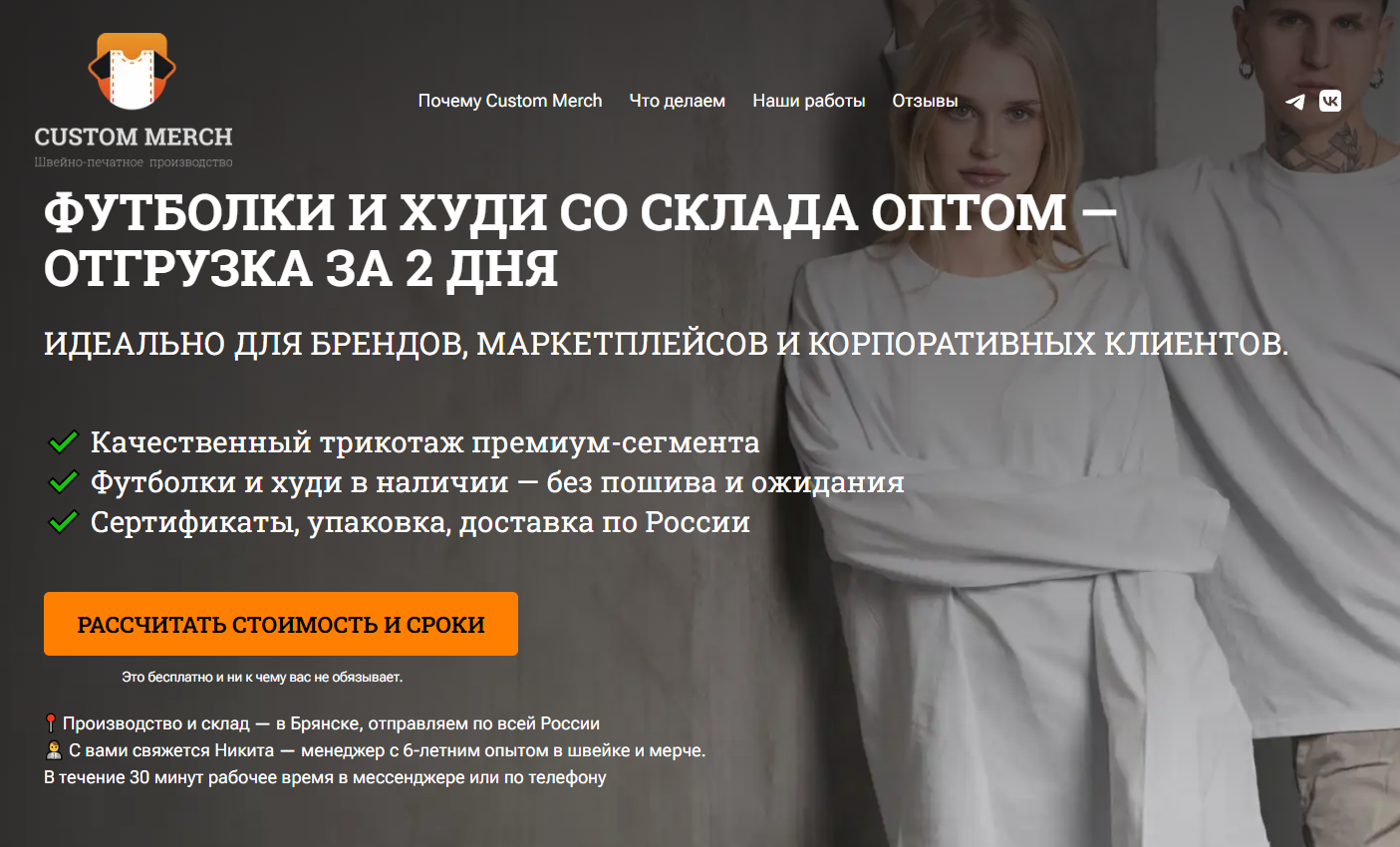 Один из трёх лендингов — сегмент мерча для блогеров и брендов